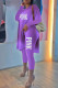 Purple Casual Print Patchwork Slit V Neck Long Sleeve Two Pieces