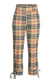 Deep Coffee Fashion Casual Plaid Print Patchwork Regular High Waist Trousers