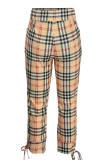 Deep Coffee Fashion Casual Plaid Print Patchwork Regular High Waist Trousers
