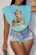 Baby Blue Fashion Street Character Print Patchwork O Neck T-Shirts
