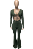 Army Green Sexy Solid Bandage Hollowed Out Patchwork V Neck Boot Cut Jumpsuits