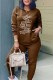 Dark Brown Fashion Casual Print Letter O Neck Long Sleeve Two Pieces