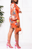 Orange Fashion Print Patchwork V Neck Waist Skirt Dresses