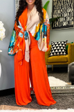 Orange Apricot Fashion Print Patchwork Cardigan Collar Outerwear(Without belt)