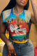 Blue Sexy Print Tassel V Neck Tops