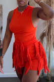 Orange Casual Solid Tassel Patchwork O Neck Sleeveless Two Pieces