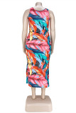 Multicolor Fashion Sexy Plus Size Print Slit U Neck Vest Dress