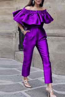 Purple Casual Solid Patchwork Flounce Off the Shoulder Half Sleeve Two Pieces
