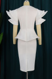 White Elegant Solid Patchwork Flounce O Neck Evening Dress Dresses