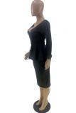 Black Casual Solid Patchwork Flounce V Neck Two Pieces