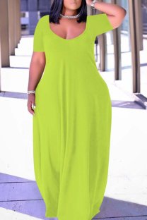 Fluorescent Green Fashion Casual Plus Size Solid Patchwork V Neck Short Sleeve Dress