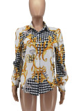 White Gold Casual Print Patchwork Buckle Turndown Collar Tops