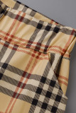 Deep Coffee Fashion Casual Plaid Print Patchwork Regular High Waist Trousers
