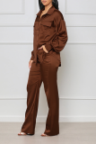Brown Fashion Solid Patchwork Turndown Collar Long Sleeve Two Pieces