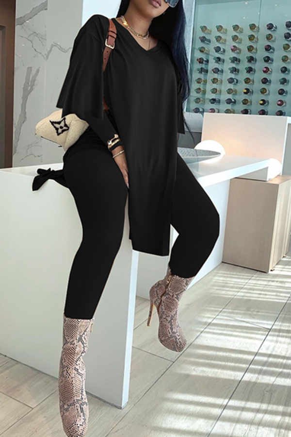 Black Fashion Solid High Opening V Neck Long Sleeve Two Pieces