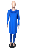 Fluorescent Color Fashion Solid High Opening V Neck Long Sleeve Two Pieces
