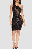 Apricot Sexy Solid Sequins Patchwork Oblique Collar Pencil Skirt Dresses