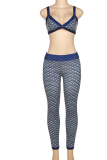 Deep Blue Sexy Print Patchwork Spaghetti Strap Sleeveless Two Pieces