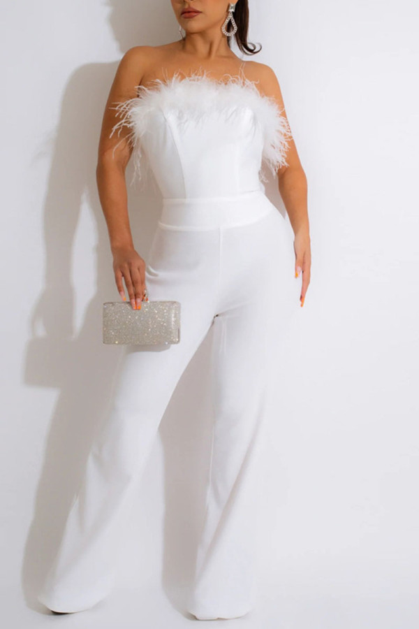 White Sexy Solid Patchwork Feathers Strapless Straight Jumpsuits