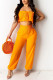 Tangerine Red Sexy Solid Patchwork Fold Halter Sleeveless Two Pieces