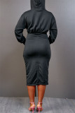 Black Fashion Casual Solid Patchwork Hooded Collar Long Sleeve Dresses