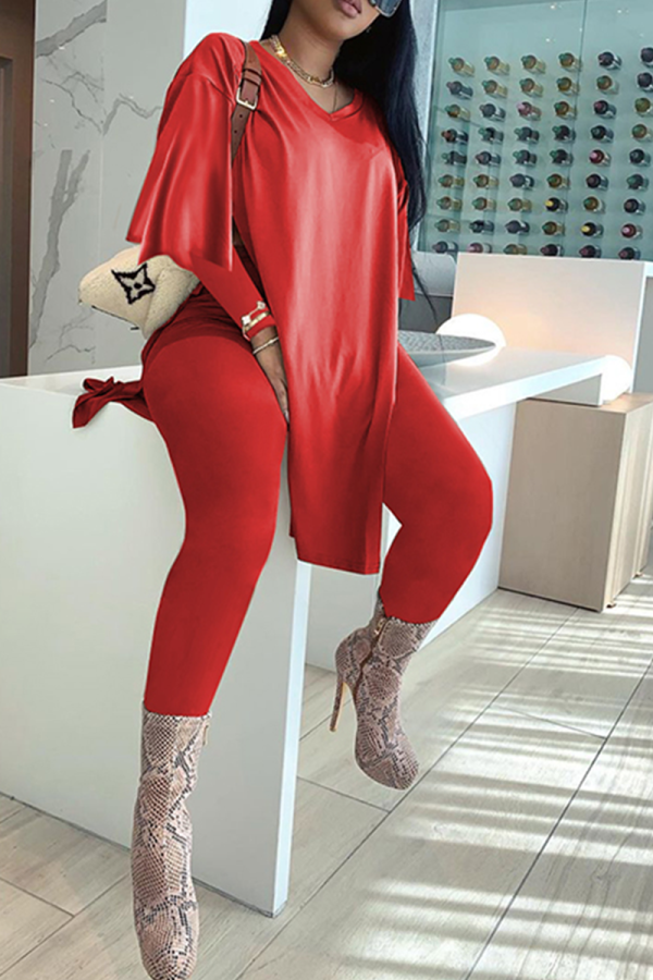 Red Fashion Solid High Opening V Neck Long Sleeve Two Pieces