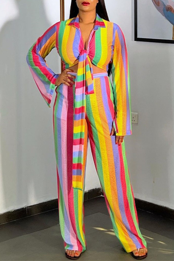 Multicolor Fashion Casual Striped Print Bandage Patchwork Turndown Collar Long Sleeve Two Pieces