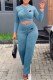 Sky Blue Fashion Casual Print Fold Letter O Neck Long Sleeve Two Pieces