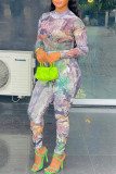 Multicolor Fashion Casual Print Patchwork O Neck Long Sleeve Two Pieces