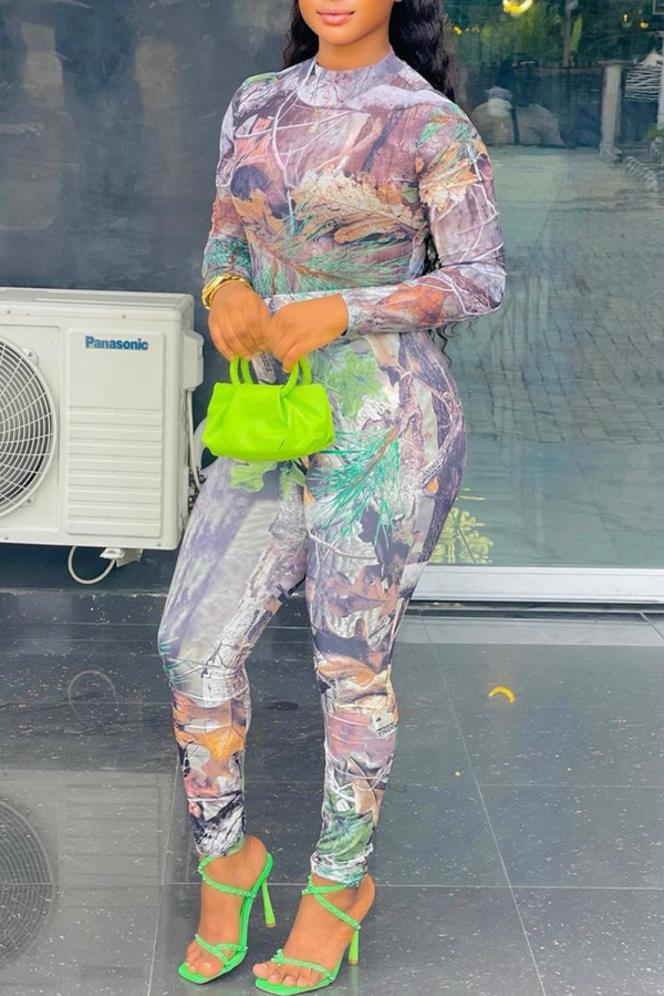 Multicolor Fashion Casual Print Patchwork O Neck Long Sleeve Two Pieces