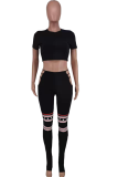 Black Fashion Print Hollowed Out O Neck Short Sleeve Two Pieces