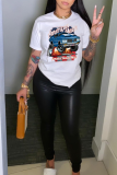 White Fashion Street Print Patchwork O Neck T-Shirts