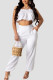 White Sexy Solid Patchwork Fold Halter Sleeveless Two Pieces