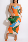 Tangerine Red Sexy Print Patchwork Strapless Pencil Skirt Dresses