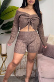 Light Coffee Fashion Casual Solid Draw String Frenulum V Neck Long Sleeve Two Pieces