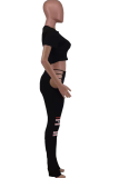 Black Fashion Print Hollowed Out O Neck Short Sleeve Two Pieces