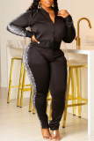 Black Fashion Casual Print Patchwork Zipper Collar Long Sleeve Two Pieces