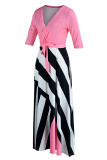 Pink Casual Print Bandage Patchwork V Neck Straight Dresses