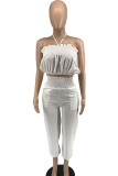 Apricot Sexy Solid Patchwork Fold Halter Sleeveless Two Pieces