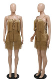 Brown Sexy Solid Tassel Bandage Patchwork Spaghetti Strap Regular Rompers