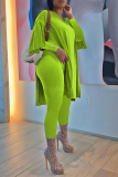 Fluorescent Color Fashion Solid High Opening V Neck Long Sleeve Two Pieces