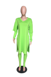 Fluorescent Color Fashion Solid High Opening V Neck Long Sleeve Two Pieces