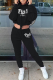 Black Casual Solid Draw String Hooded Collar Long Sleeve Two Pieces