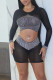 Black Sexy Solid Patchwork See-through Hot Drill O Neck Long Sleeve Two Pieces
