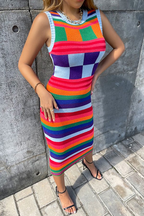 Colour Fashion Striped Patchwork O Neck Pencil Skirt Dresses