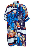 Rose Red Fashion Casual Print Patchwork Buckle Turndown Collar Straight Dresses