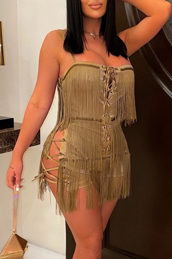 Brown Sexy Solid Tassel Bandage Patchwork Spaghetti Strap Regular Rompers
