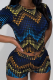 Blue Sexy Print Solid Patchwork O Neck Short Sleeve Two Pieces