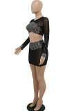 Black Sexy Solid Patchwork See-through Hot Drill O Neck Long Sleeve Two Pieces