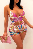 Rose Red Sexy Sequins Patchwork Frenulum Backless Asymmetrical Sleeveless Two Pieces